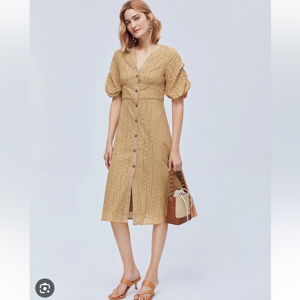 NWT MOTF Schiffy Eyelet Khaki Cotton Bishop Sleeve Button Down Midi Dress XS